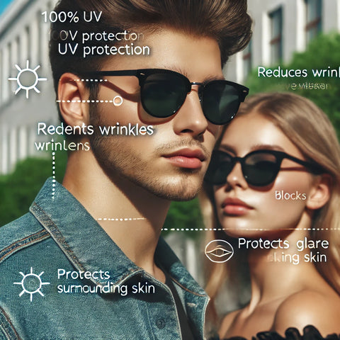 Sunglasses providing essential benefits such as 100% UV protection, reduced eye strain, prevention of wrinkles, enhanced vision, glare reduction, and protection for the delicate skin around the eyes.
