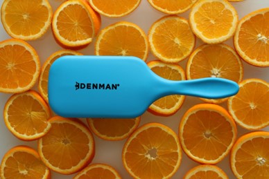 Blue Denman Tangle Tamer Ultra Paddle Brush on Bed of Oranges