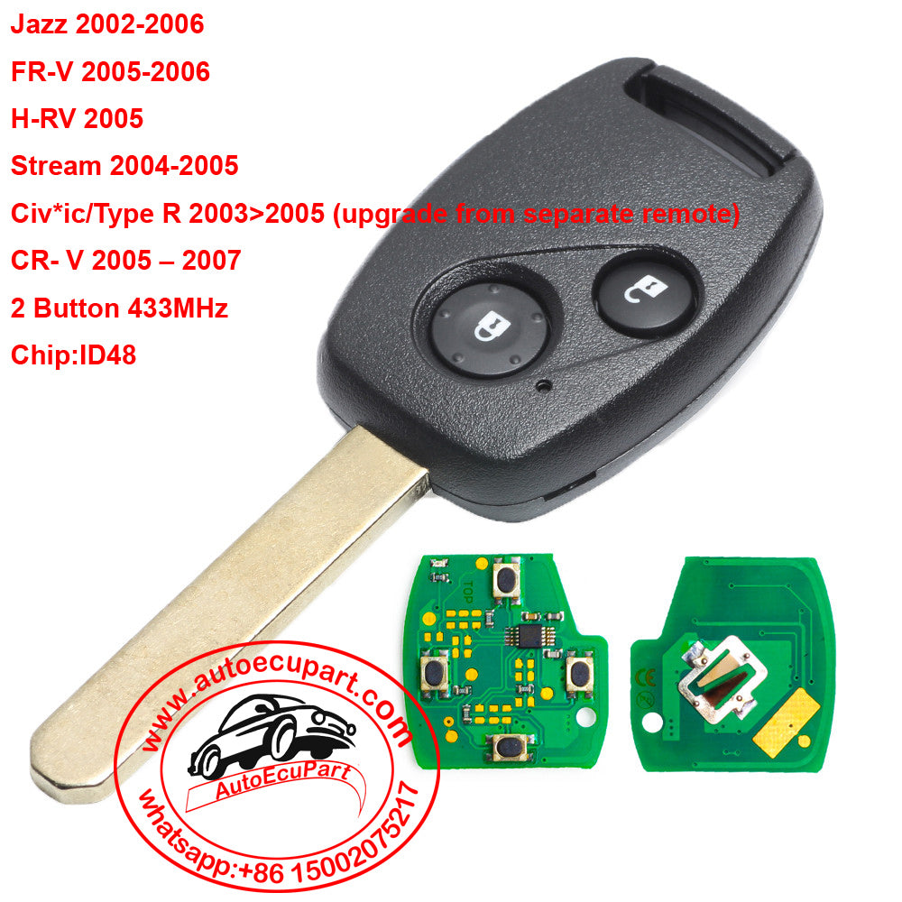 Remote Key Fob 2 Button 433MHz ID48 Chip for Honda Jazz