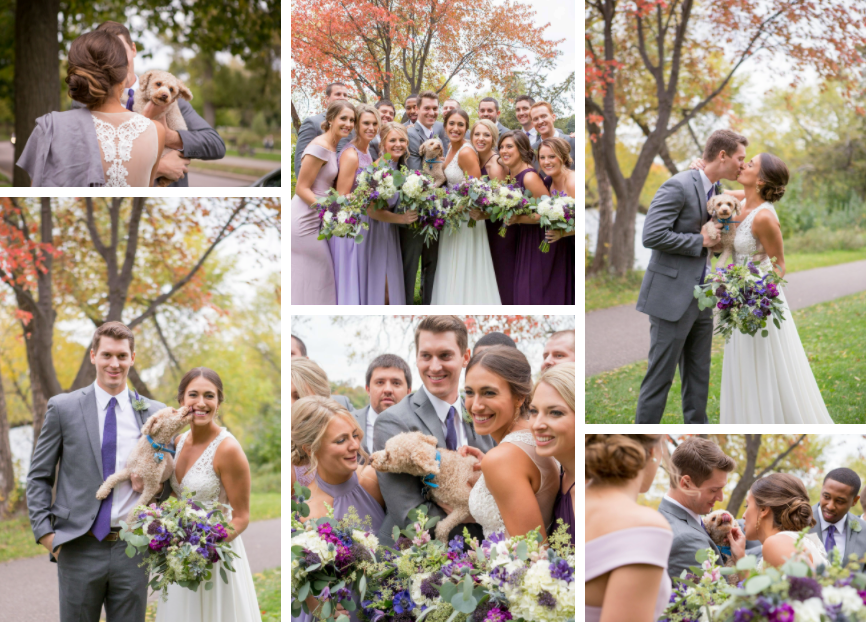 A series of bridal party photos includes a small dog