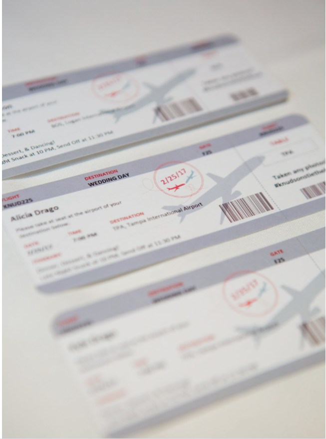 Mock airline tickets are used as seating assignments 