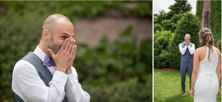 A groom reacts to seeing his bride for the first time.