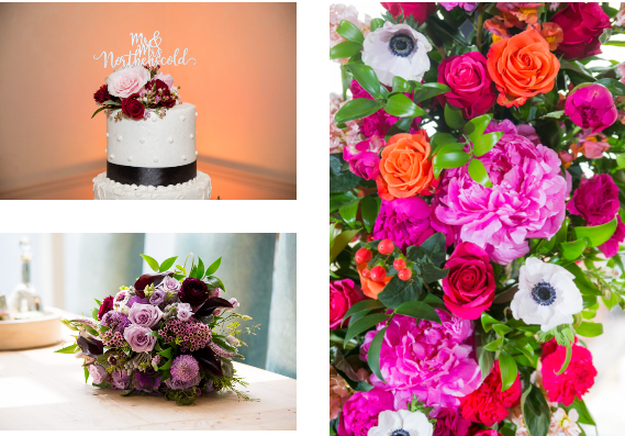 A collection of three images shows wedding floral decoration