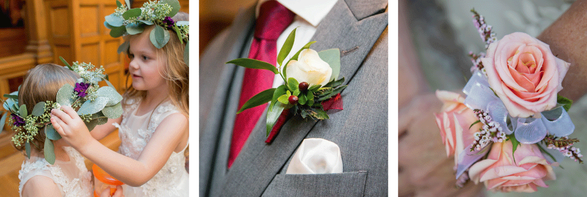 From left, flower girls wear floral crows, a boutonniere of a white flower, and a wrist corsage made up of peach roses