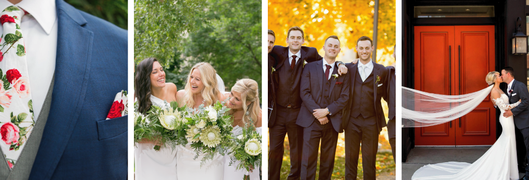 From left, a closeup of a suit and tie, a bride with bridesmaids, a groom with his groomsmen, and a coupe kissing in front of a red door.