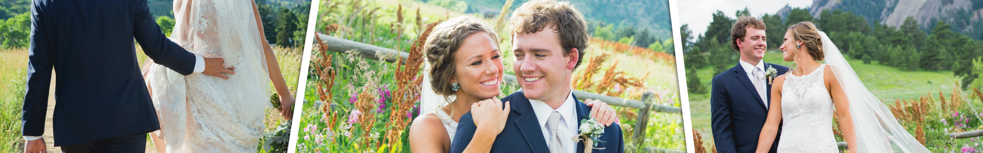 Three different images of moments of a bride and groom out in a field on their wedding day. Perfect images for a photo album