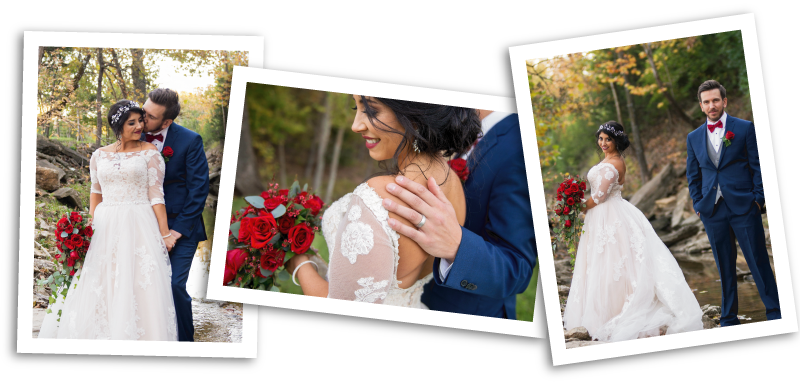 Three photos show a bride, holding red roses, with her groom in a navy suit.