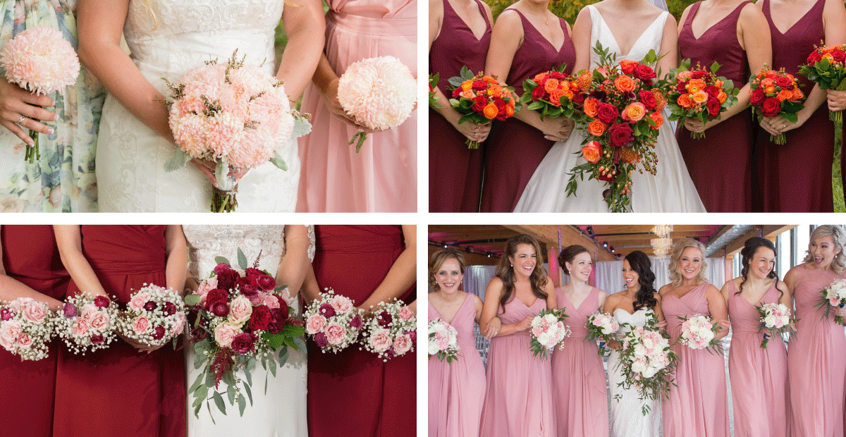 Bouquets in varying shades of reds and pinks.