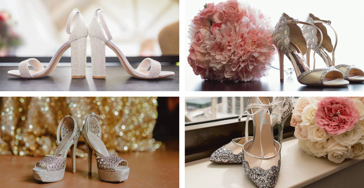 A group of four photos shows a series of sparkly heels