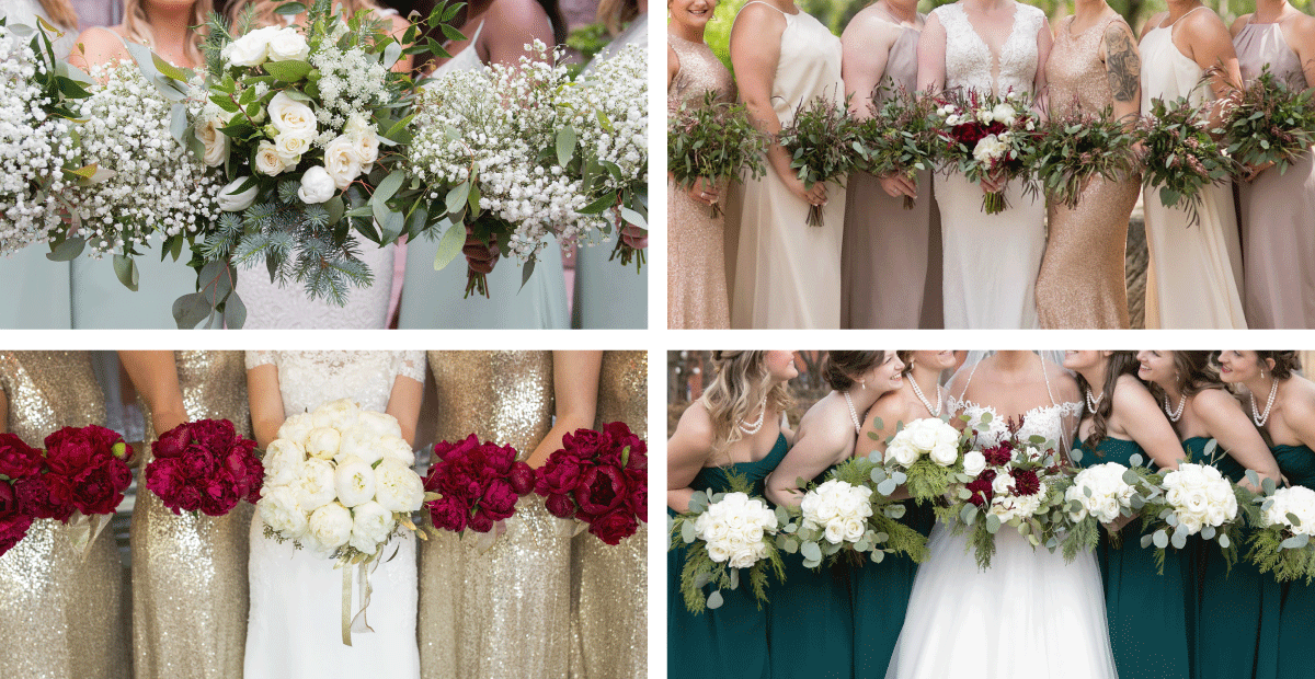 Four different sets of wedding bouquets that are white, red and green