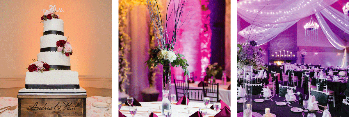 From left, a cake, a centerpiece, and a reception space all showing different uplighting colors.