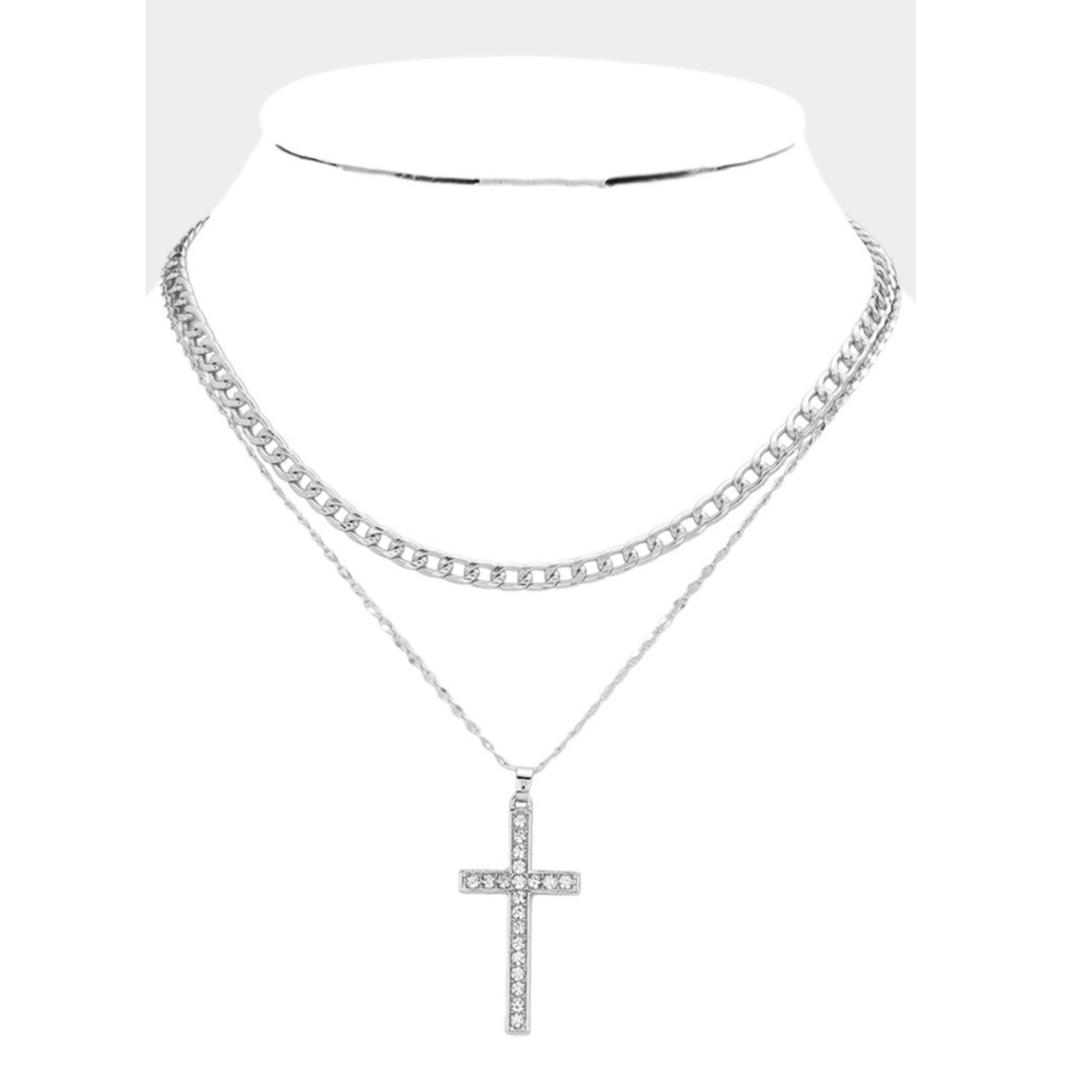 Rhinestone Cross and Pendant Layered Necklace - Society Boutique