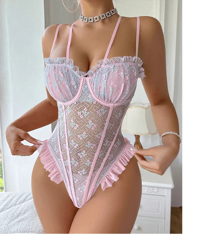 Lace Bodysuits Sexy Ruffles Elegant Women's Bodys Fancy Hot Kit Kinky Romantic Pink See Through Sexy
