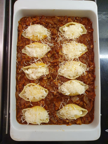 cheese filled pasta shells with vegan Bolognaise-style sauce