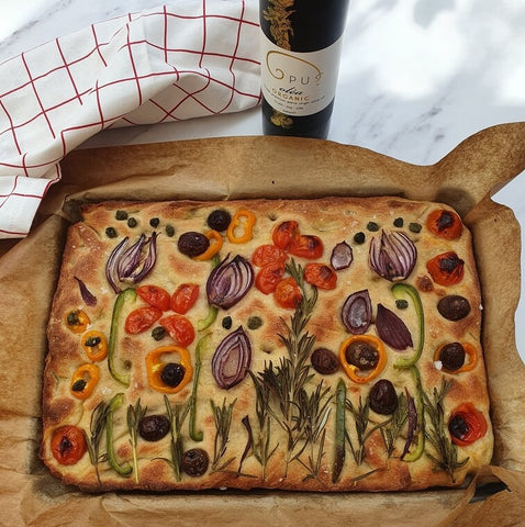 pretty decorated home baked focaccia 