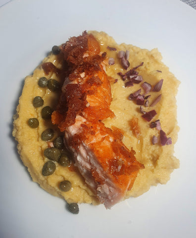 salmon fillet on a bed of Santorini fava puree