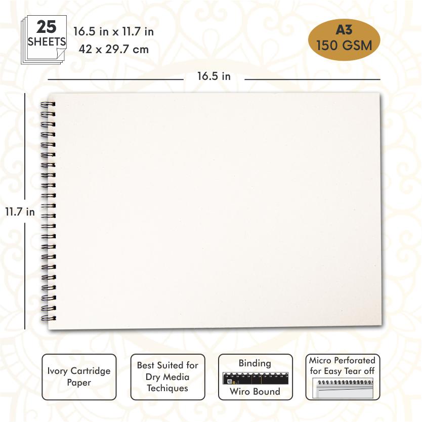 KAMAL A3 Drawing and Sketch Pad for Artists, 120LB/140GSM drawing