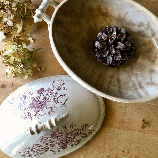 antique red transferware vegetable dish, ironstone dish, covered dish