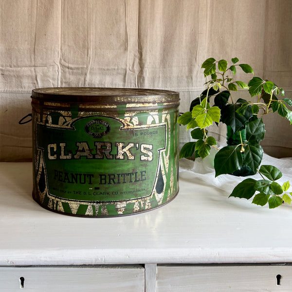 antique advertising tin, peanut brittle tin, candy tin, vintage green tin, rustic vintage decor