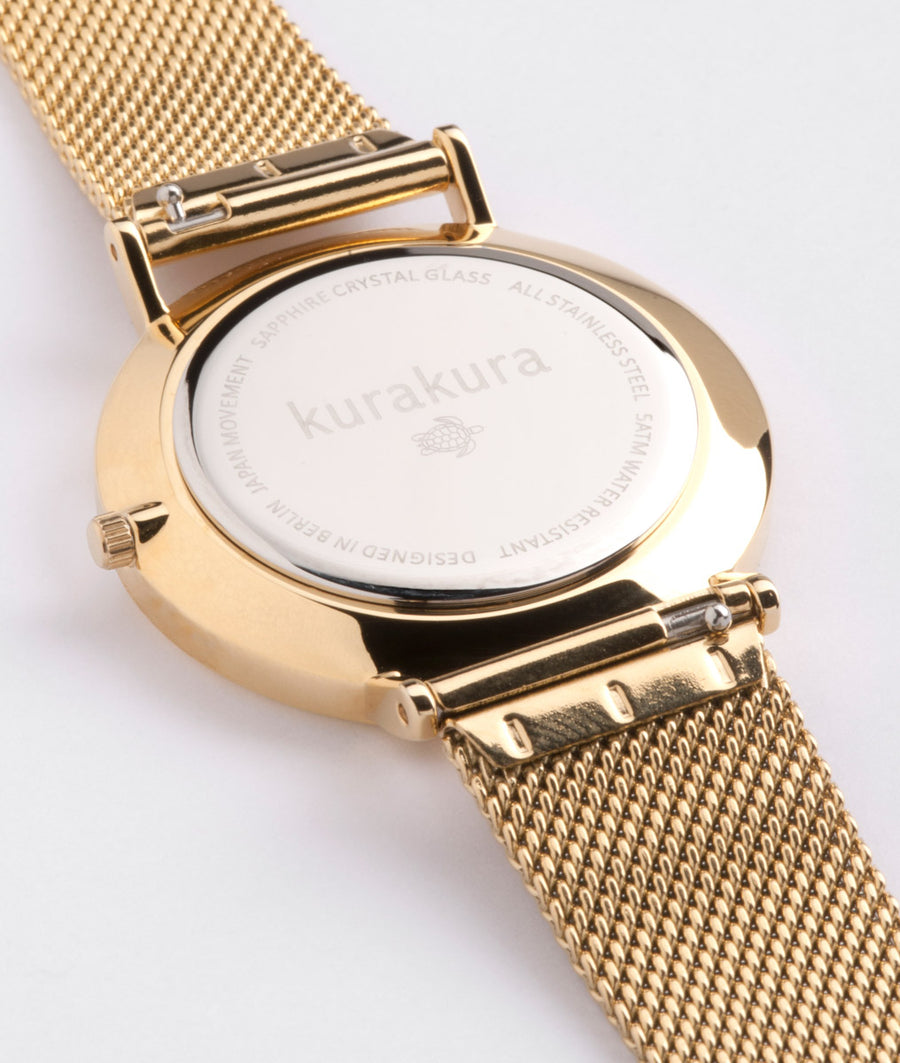 Kurakura Damenuhr Mit Weltkarte Batu Mesh Gold