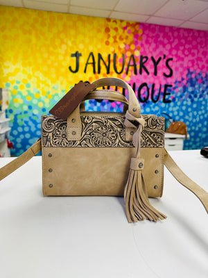 Wrangler Tan Tooled Tote Crossbody Bag - January's Boutique