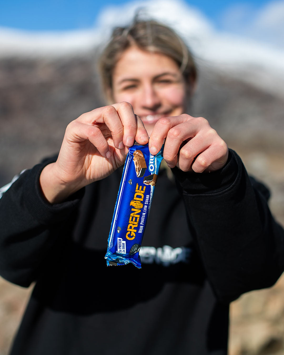 Becca Wakefield with Grenade OREO Protein Bar