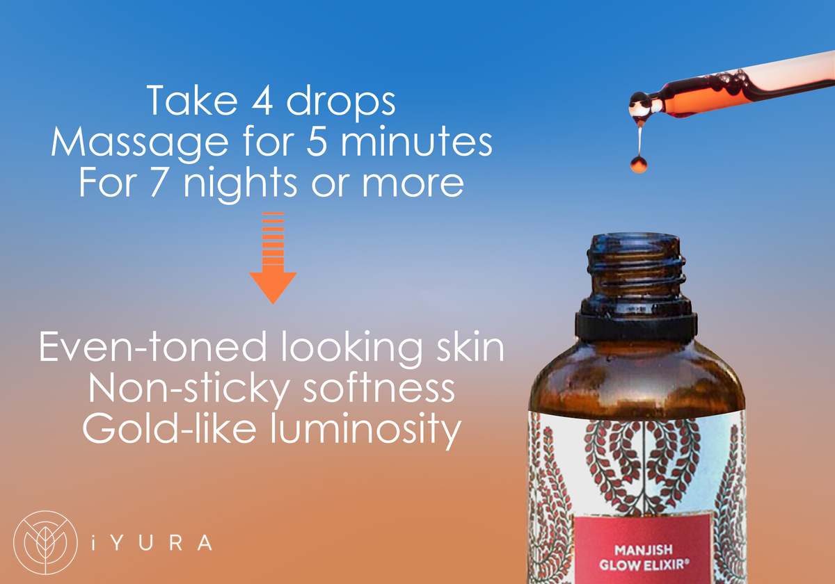 Fresh Drops of iYURA Manjish Glow Elixir with text: Take 4 drops, Massage for 5 minutes, For 7 nights to get Even-toned, spotless looking skin. Non-sticky softness & Gold-like luminosity.