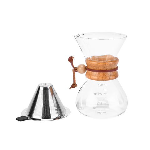 Glass Coffee Dripper and Carafe Set with Reusable Metallic Filter