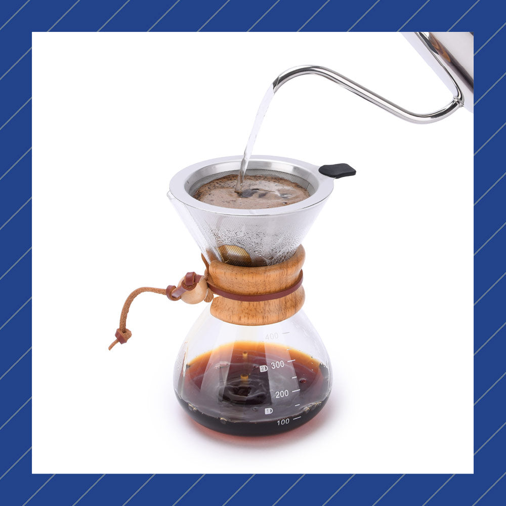 GLASS COFFEE DRIPPER AND CARAFE SET WITH REUSABLE METALLIC FILTER