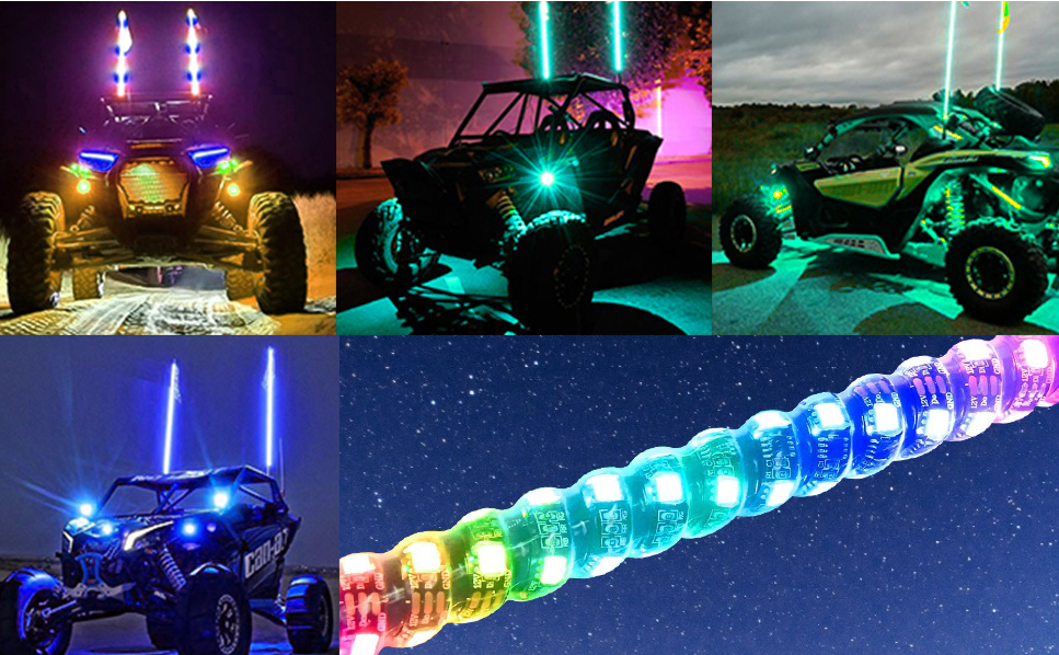 FLASHARK 2pcs 3ft LED Whip Light with Remote Control Spiral RGB Chase Light Offroad 360°Spiraling Rising Dream Wrapped Dancing Whips