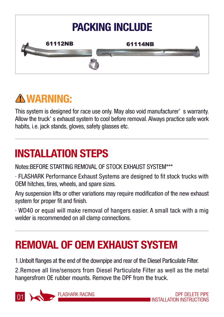 4.0/5.0 Inch DPF & Cat Delete Pipe For 2011-2023 Ford 6.7 Powerstroke Diesel Instruction