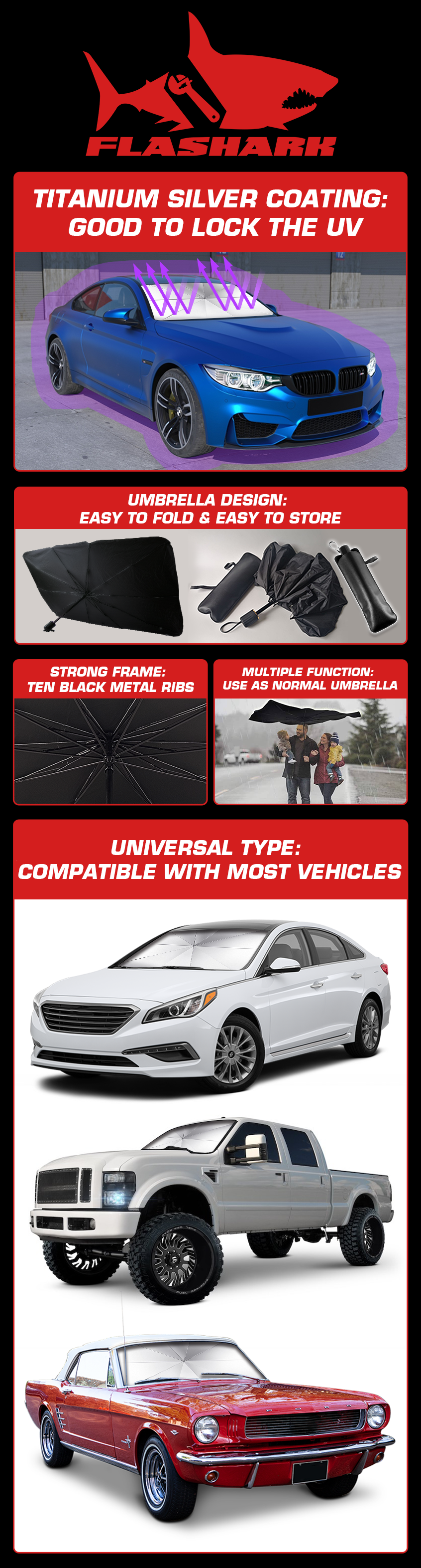 FLASHARK-Car-Windshield-Sun-Shade-Umbrella-Foldable-Car-Sun-Umbrella-Anti-UV-Visor Coated-Silver-Version-Store-Multiple-usage-scenarios-Listing-Description