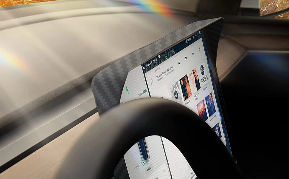 FLASHARK Tesla Model 3/Y Tempered Glass Screen Protector & Carbon Black Center Sun Shade Protector Cover Kit for Car Navigation Accessories (Anti-Glare/Anti-Fingerprint)