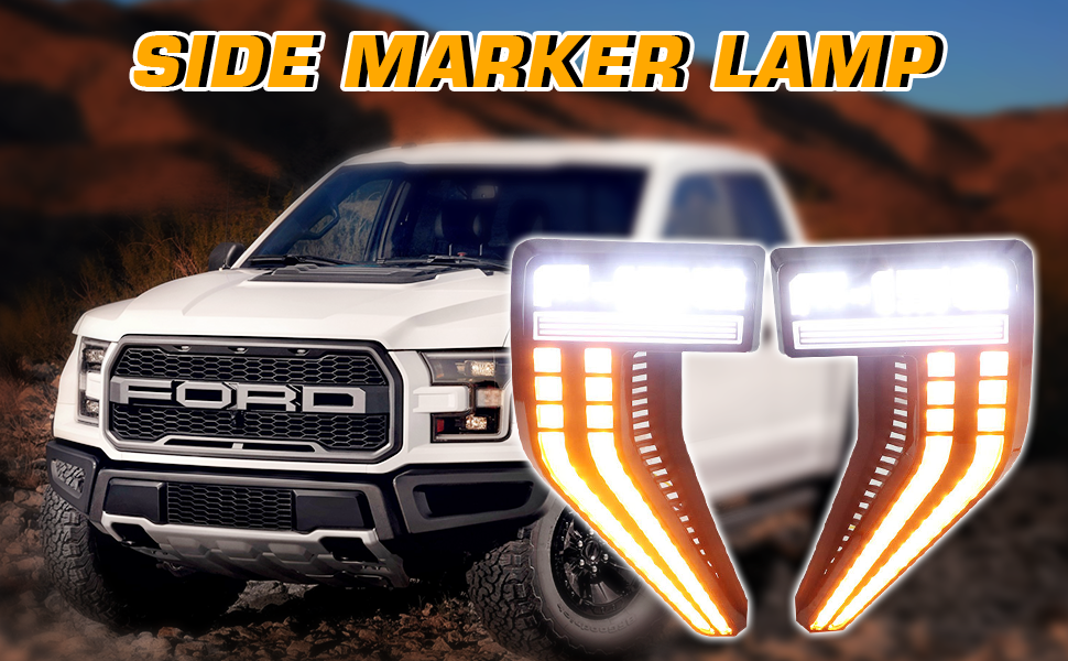 FLASHARK Side Marker Lamp Compatible With 2021 Ford Raptor F150 Double color Flash Signa DRL with Smoked Shell Clear Lens Sequential
