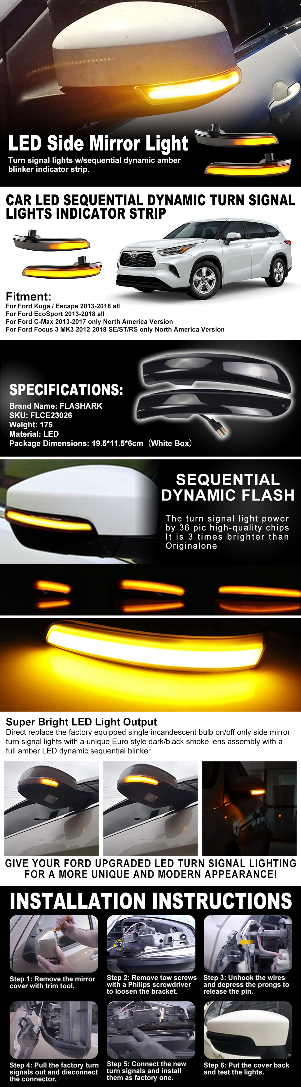 Flashark Sequential Dynamic LED Turn Signal Light Side Mirror Marker Lamp Blinker Indicator Compatible with Ford Escape Ecosport 2013-2018, Focus SE ST RS 2012-2018, C-Max 2013-2017