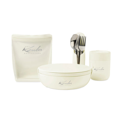 W&P w&p porter ceramic bowl lunch container w/ protective non-slip  exterior, cream 1 liter, lid & snap-tight silicone strap