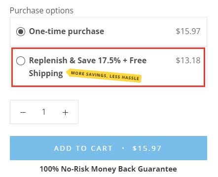 Mirai Clinical's Replenishment program selection on product page is shown by the red box.