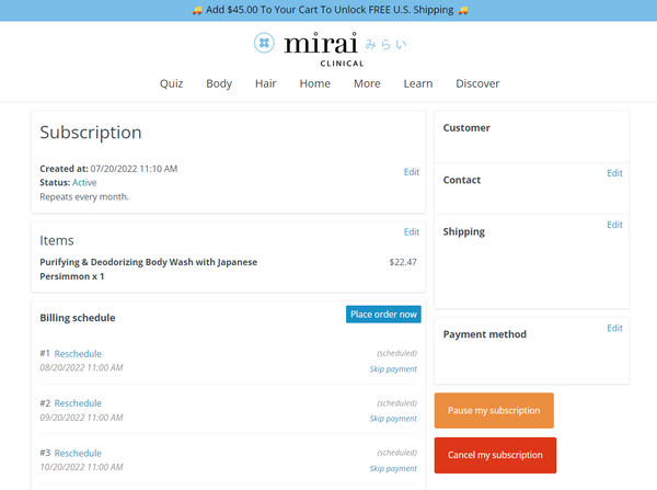 Customer Access Portal for Subscription Order with Mirai Clinical.