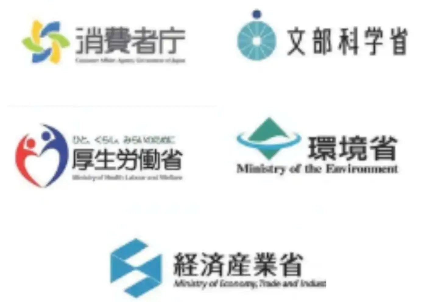 Logos of Japanese government ministries including Consumer Affairs Agency, Ministry of Health, Labour and Welfare, Ministry of the Environment, Ministry of Education, and Ministry of Economy, Trade and Industry.