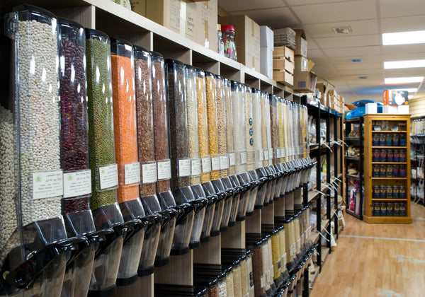 HL Display bulk bins are used for the shops range of food products such as flour, beans and nuts