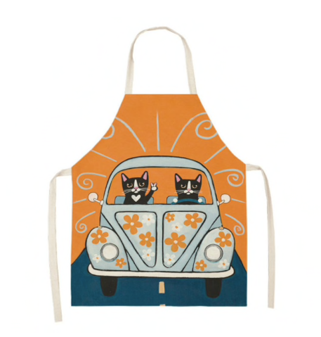 apron for cat lovers orange tuxedo cats driving in a floral car