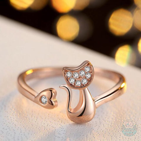 cat and heart ring with crystals gift jewellery for cat lovers