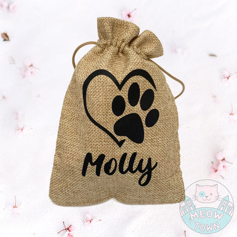 jute bag paw and heart design personalised name