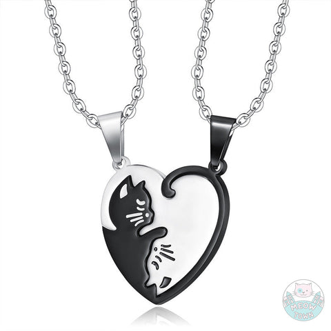 yin yang cats heart shape necklace set for couples cat lovers