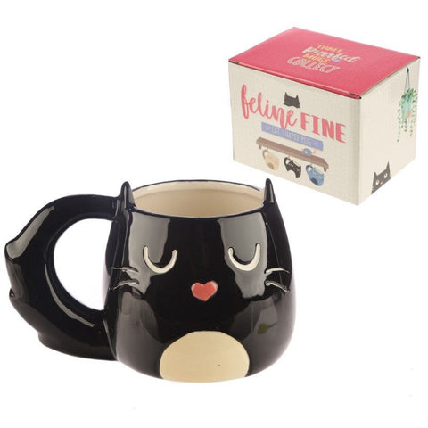 black kitty ceramic mug with heart shaped nose