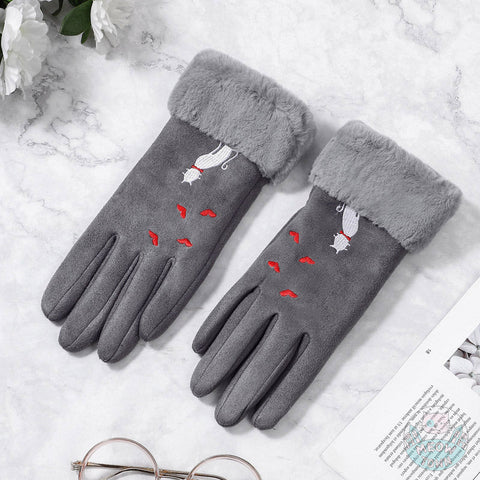 beautiful embroidered grey gloves with hearts for cat ladies