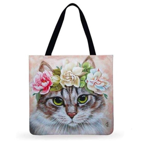 Floral tote bag for cat lovers kitty in flower tiara