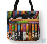 Tuxedo Cat sleeping on a bookshelf tote bag bi-color cat and books beautiful cat print for cat lovers gift