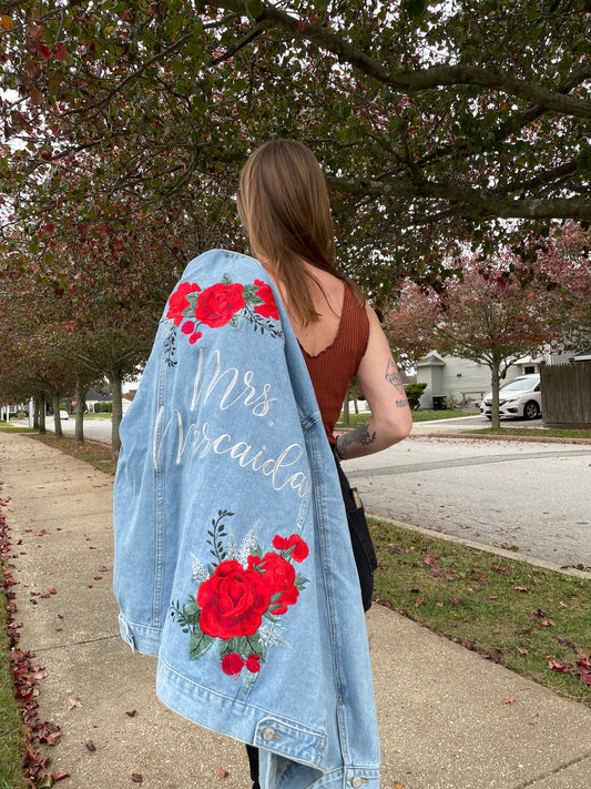 Custom Ivory Peony Floral Women's Relaxed Fit Denim Jacket