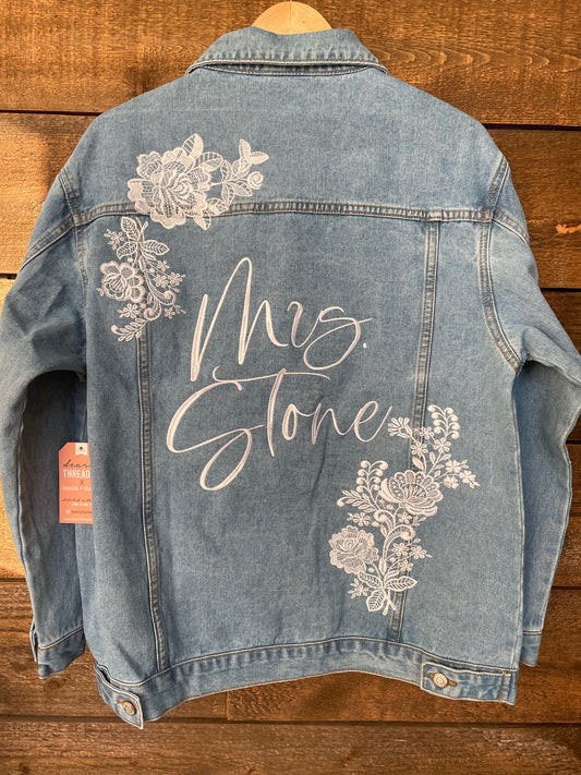 Custom White Floral Women's Relaxed Fit Denim Jacket Large